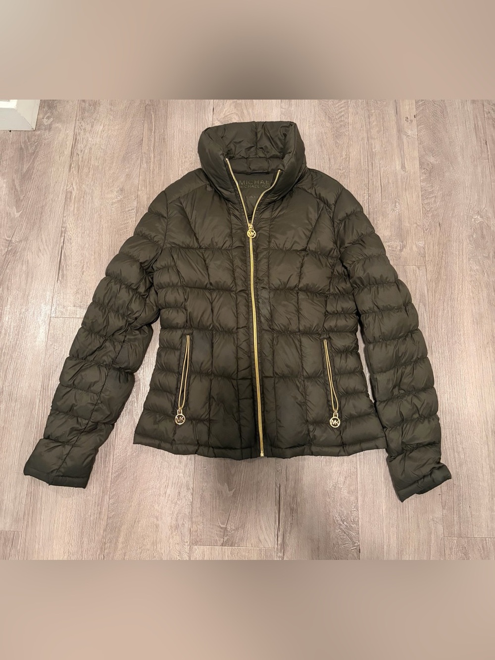 Michael Kors Dark Olive Quilted Puffer Jacket with Gold Hardware